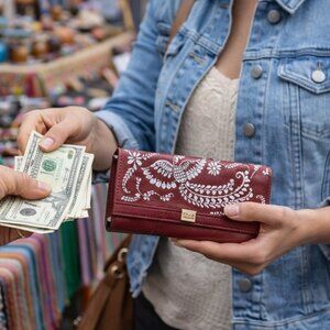 Hand Painted Maroon Leather Long Wallet with White Hand Painting